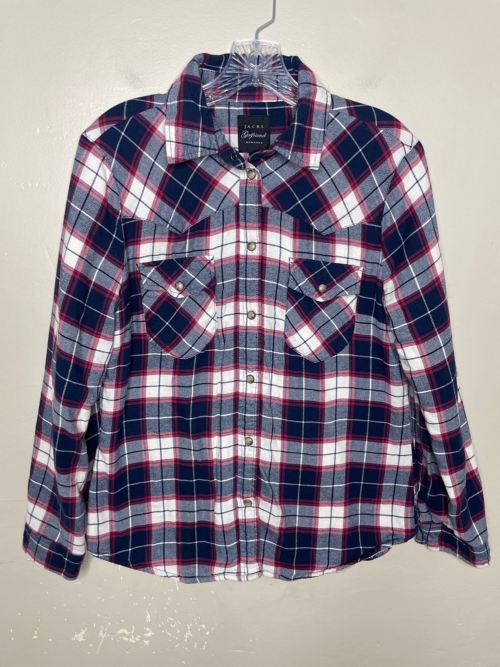 JACHS Girlfriend NEW YORK Blue & Red Faux Fur Lined Plaid Snap Front Shacket Sm